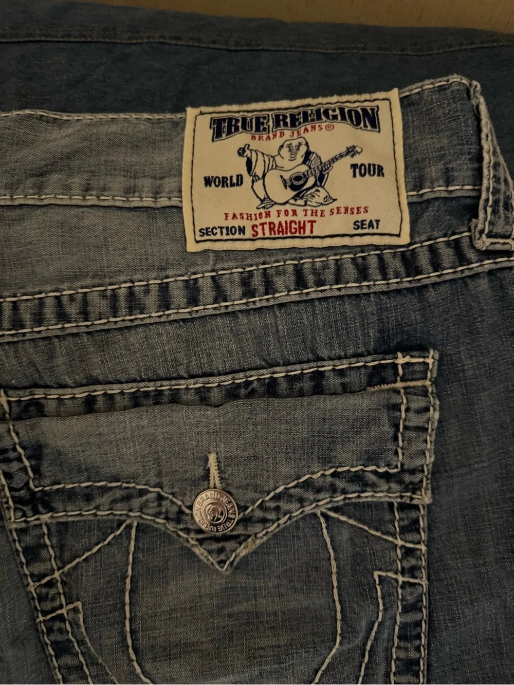 True Religion Men's Straight Jeans in Distressed Dark Blue